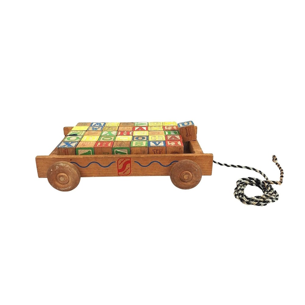 Vintage Sandberg Wooden ABC Block Pull‎ Toy Cart Alphabet Letters Educational